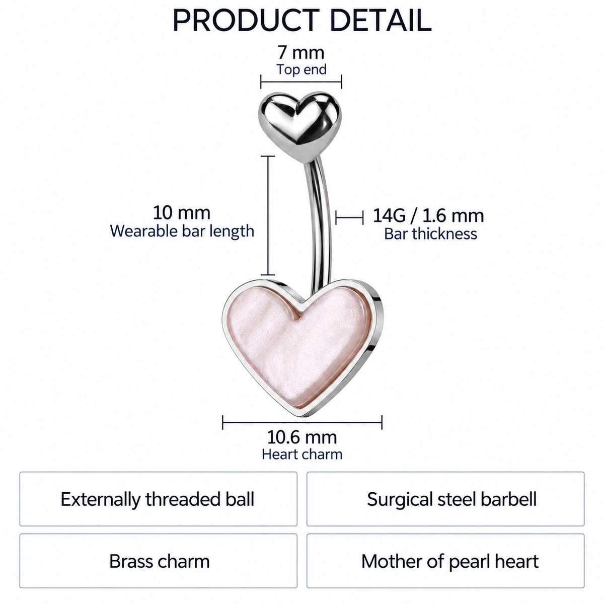 Product detail diagram for a belly button ring with heart charms, showing dimensions: 7 mm top end, 10 mm wearable bar length, 14G/1.6 mm bar thickness, 10.