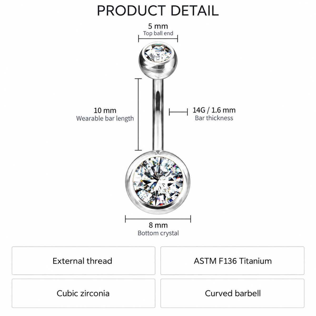 14 Gauge Titanium Double Crystal Belly Bar size chart