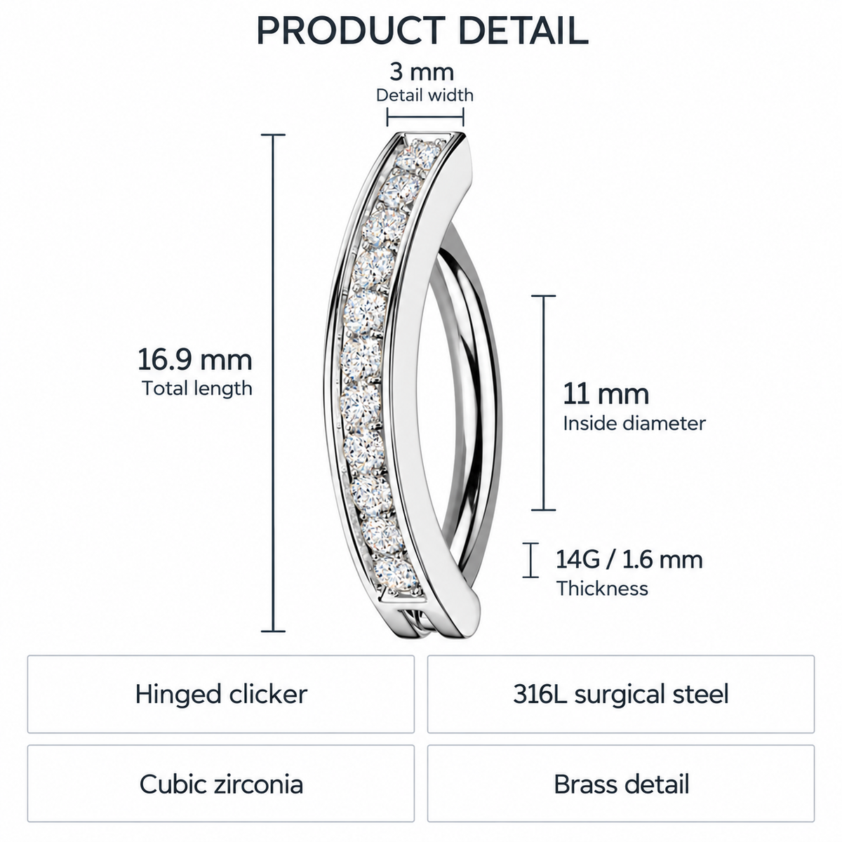 14 Gauge Hinged Crystal Lined Belly Button Ring product size guide