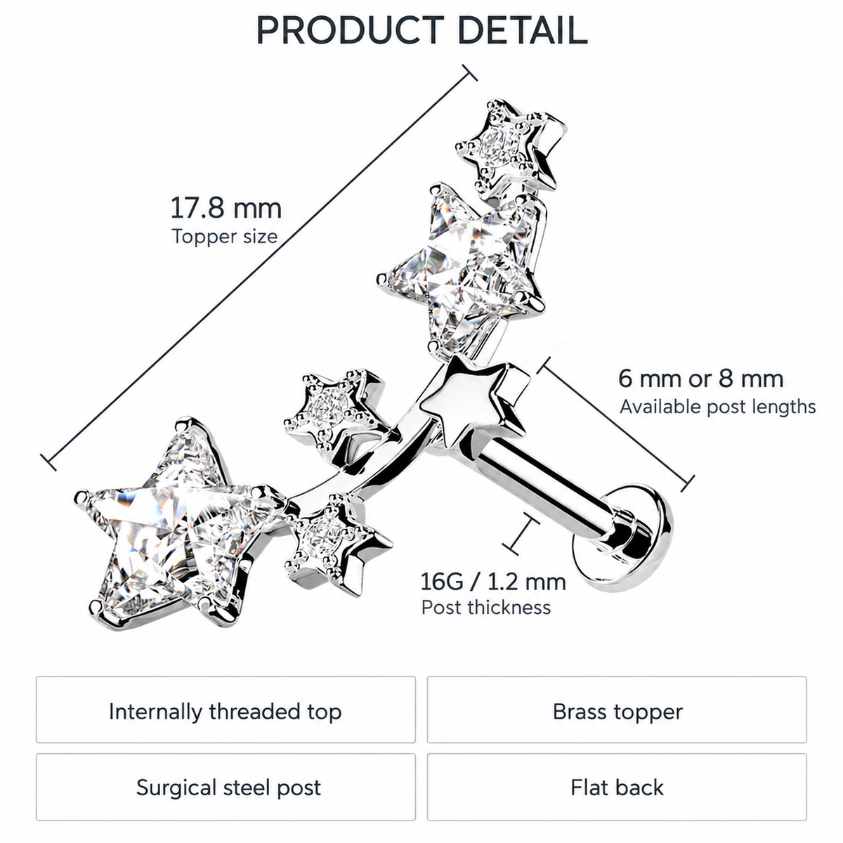 16 Gauge Internally Threaded Shooting Stars Stud size guide