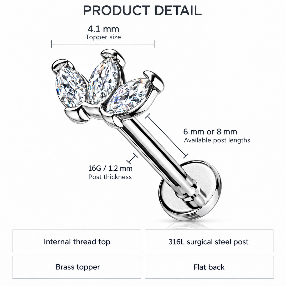 Product detail graphic for a stud piercing with a flower-shaped brass top featuring four marquise-cut clear stones. The image includes dimension labels for 4.
