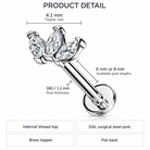 Product detail graphic for a stud piercing with a flower-shaped brass top featuring four marquise-cut clear stones. The image includes dimension labels for 4.