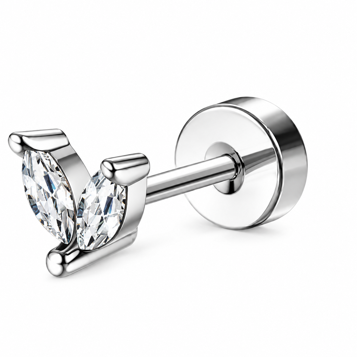 A silver butterfly stud earring featuring two marquise-cut clear gemstones in a polished metal setting, shown on a clean white background.