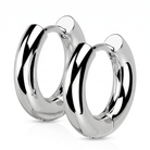 A pair of polished silver hoop earrings with a thick, rounded modern design and a high-shine reflective finish, shown on a clean white background.