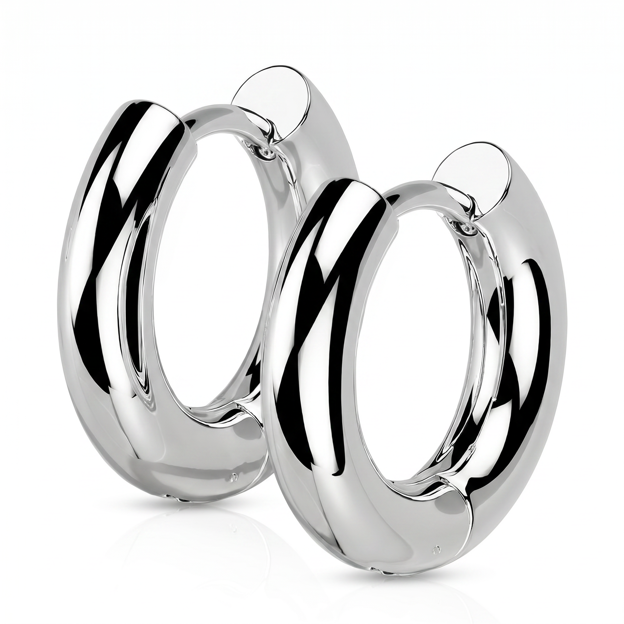 A pair of polished silver hoop earrings with a thick, rounded modern design and a high-shine reflective finish, shown on a clean white background.