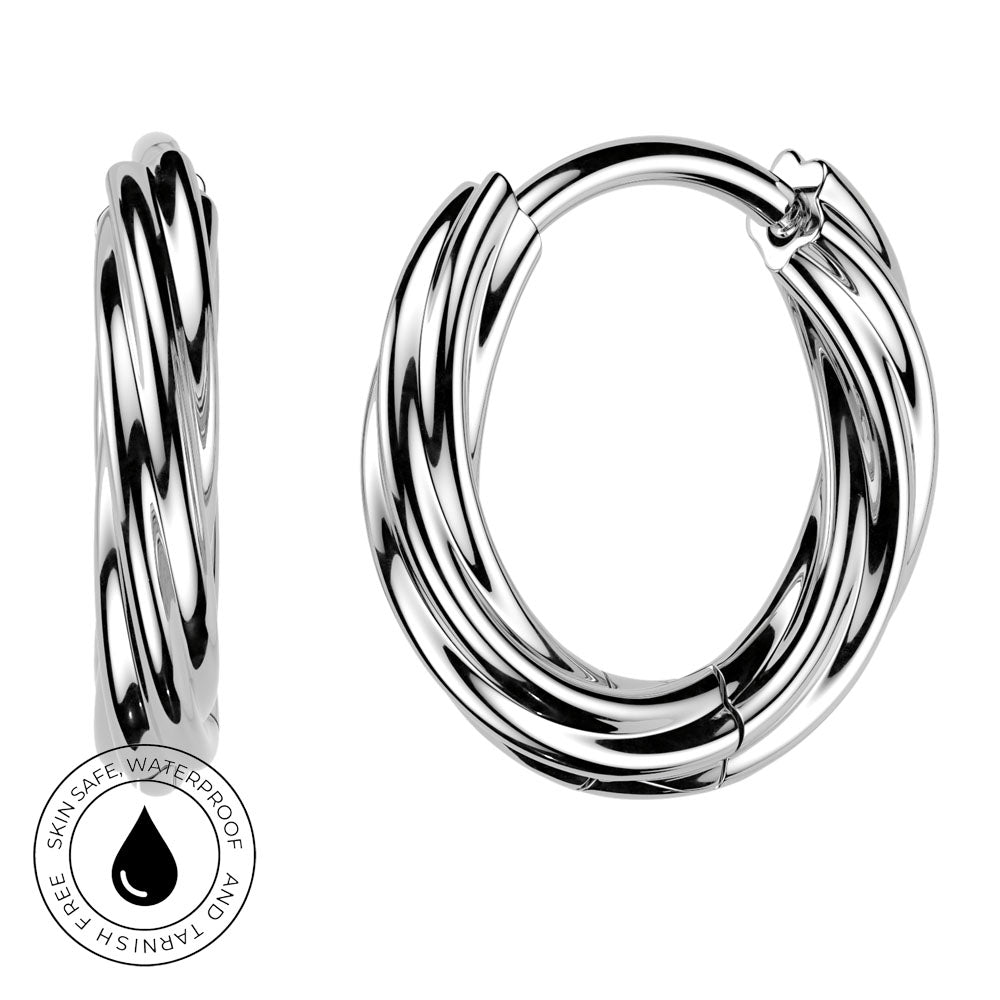Twisted silver hoop earrings shown on a white background, with a side profile view and a front view. A circular badge at the bottom left highlights skin-safe, waterproof, and tarnish-free qualities.