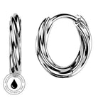 Twisted silver hoop earrings shown on a white background, with a side profile view and a front view. A circular badge at the bottom left highlights skin-safe, waterproof, and tarnish-free qualities.