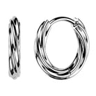 A pair of polished silver huggie hoop earrings with a twisted, layered design, shown from both a side profile and a front-facing view on a solid white background.