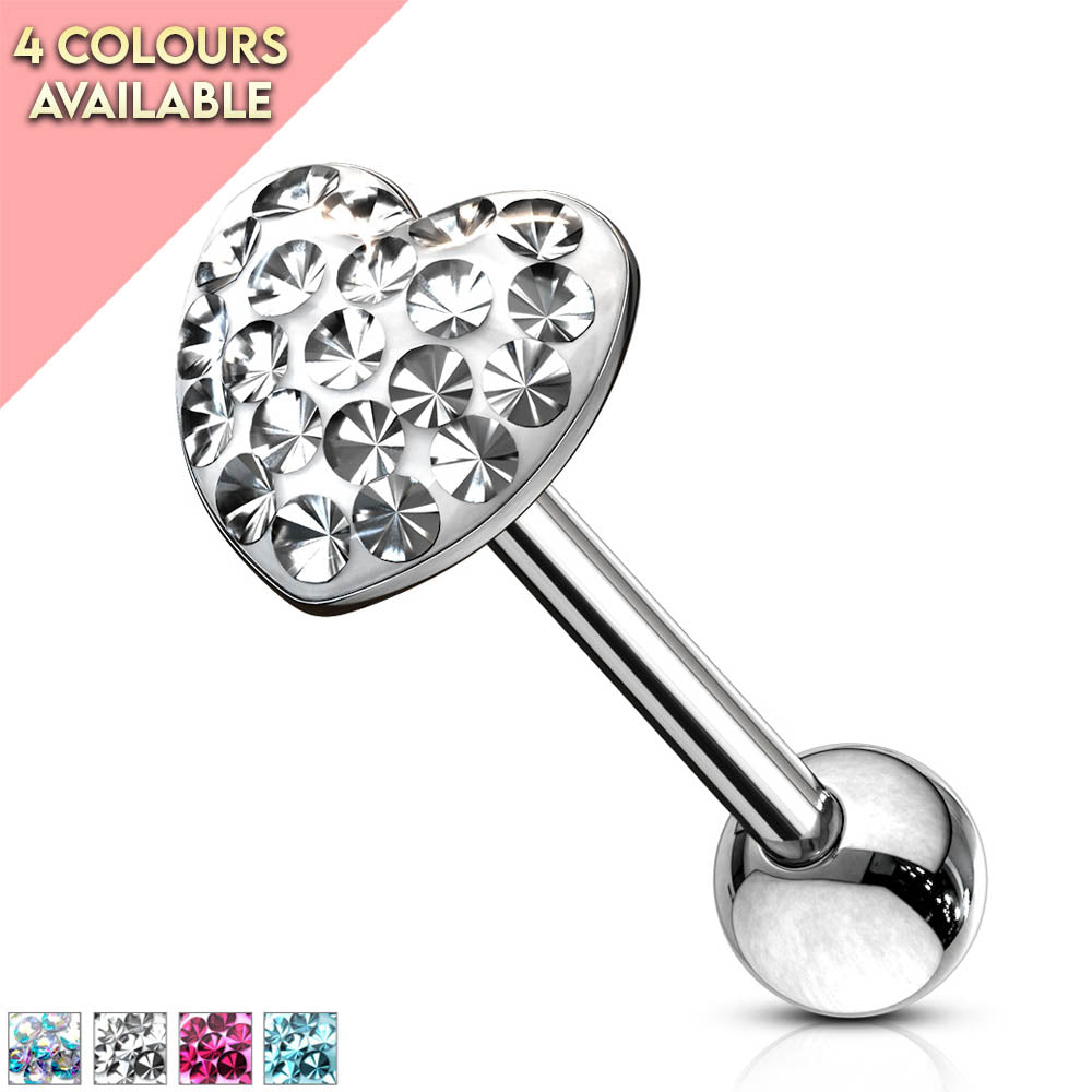 Cherry Diva Barbell 14 Gauge Crystal Heart Surgical Steel Tongue Bar