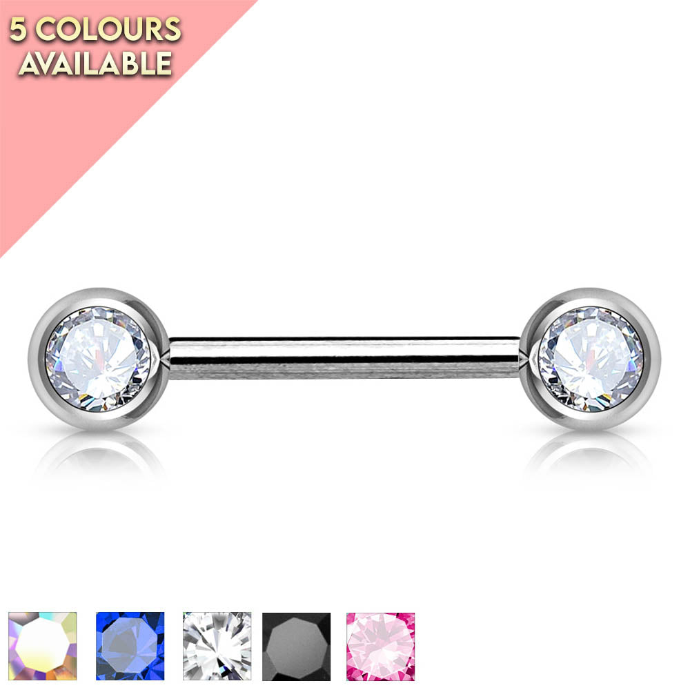 14 Gauge Double Crystal Barbell Nipple Ring