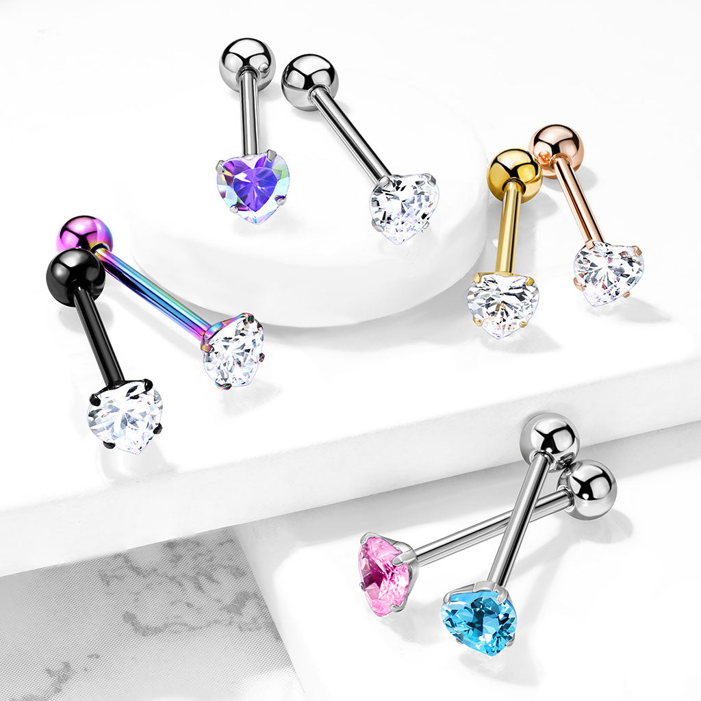Cherry Diva Barbell 14 Gauge Prong Set Crystal Heart Tongue Barbell
