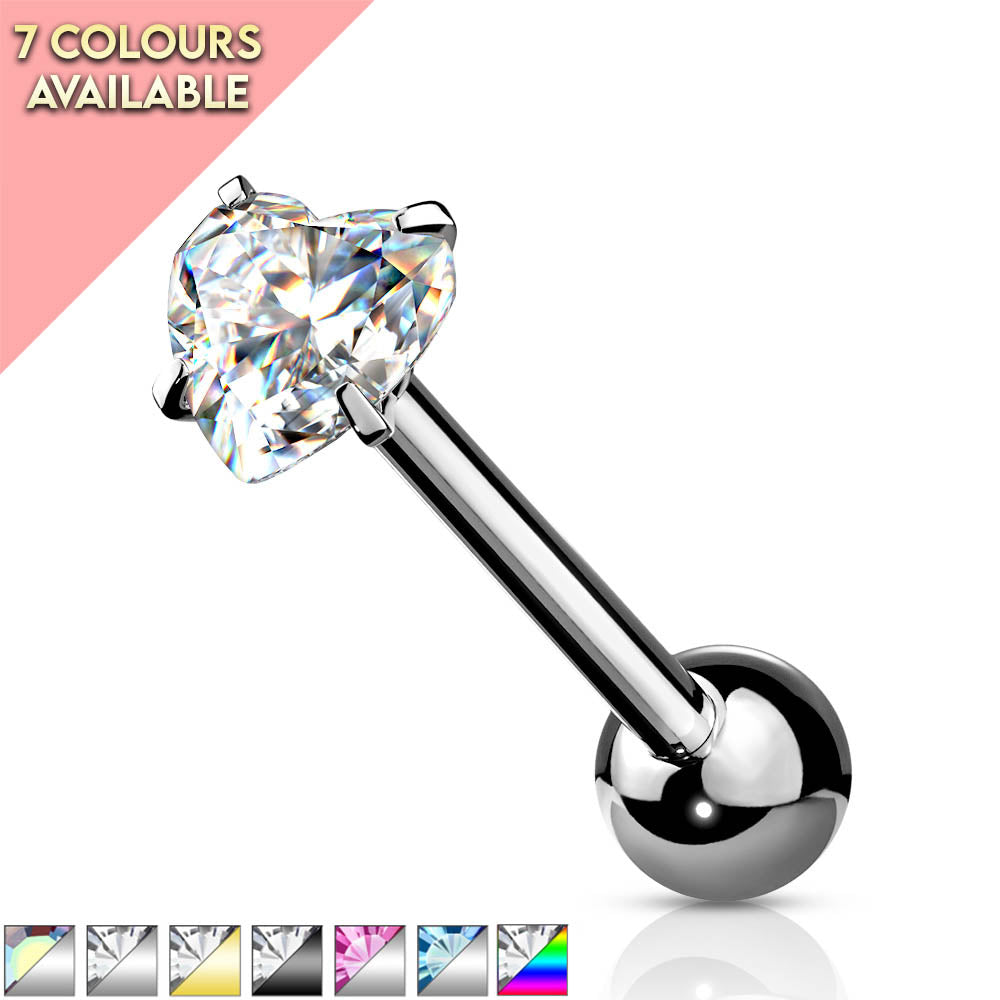 Cherry Diva Barbell 14 Gauge Prong Set Crystal Heart Tongue Barbell