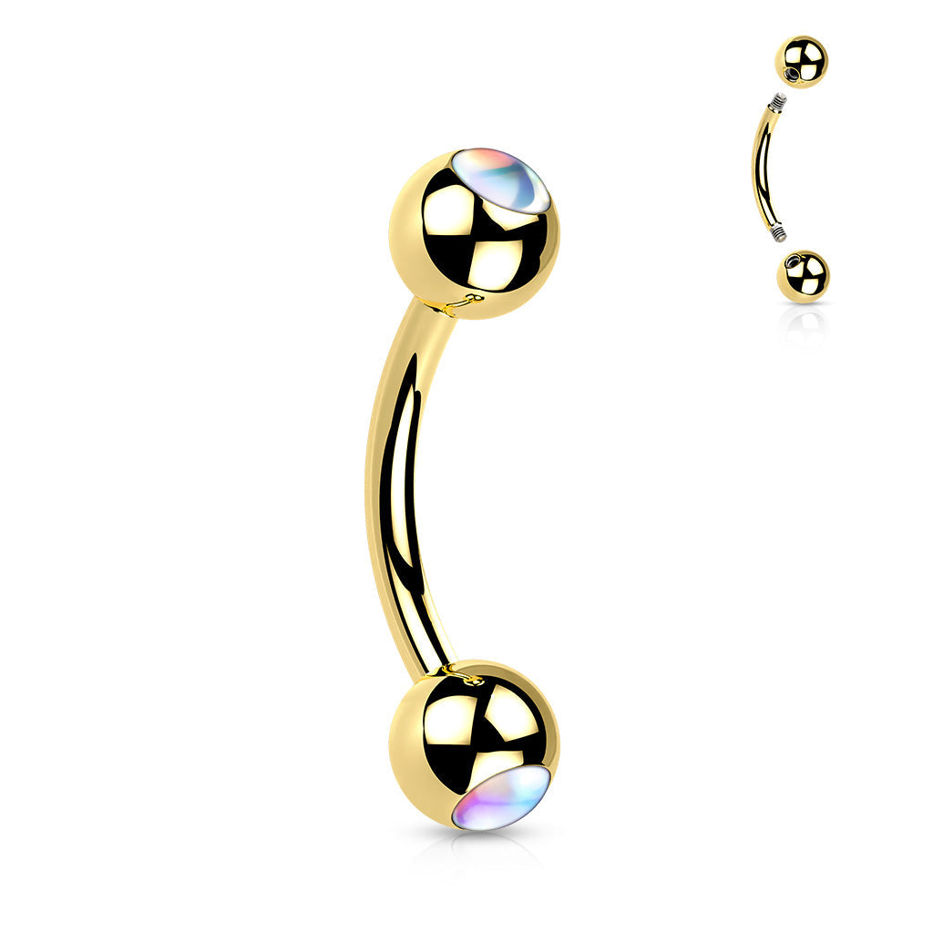 16 Gauge Double Opal Curved Eyebrow Barbell - Gold