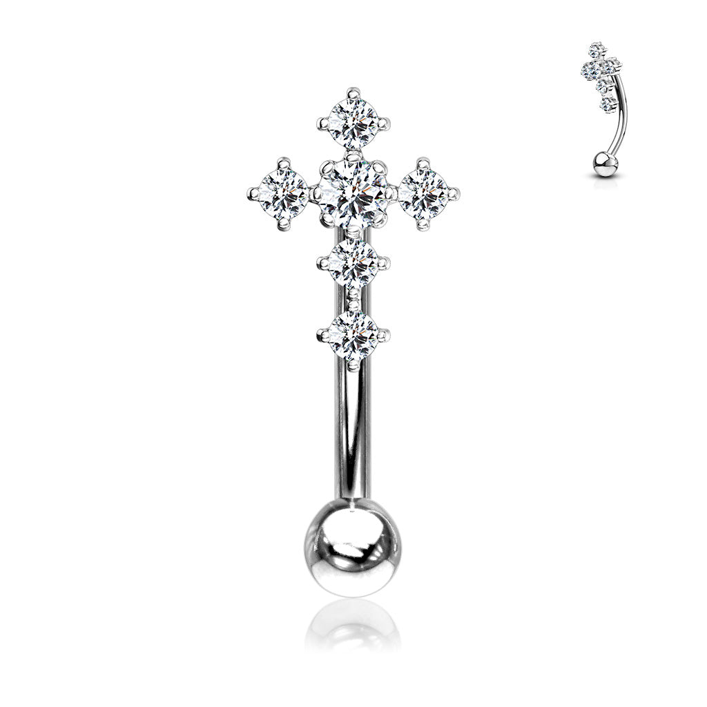 16 Gauge Silver Crystal Cross Eyebrow Barbell