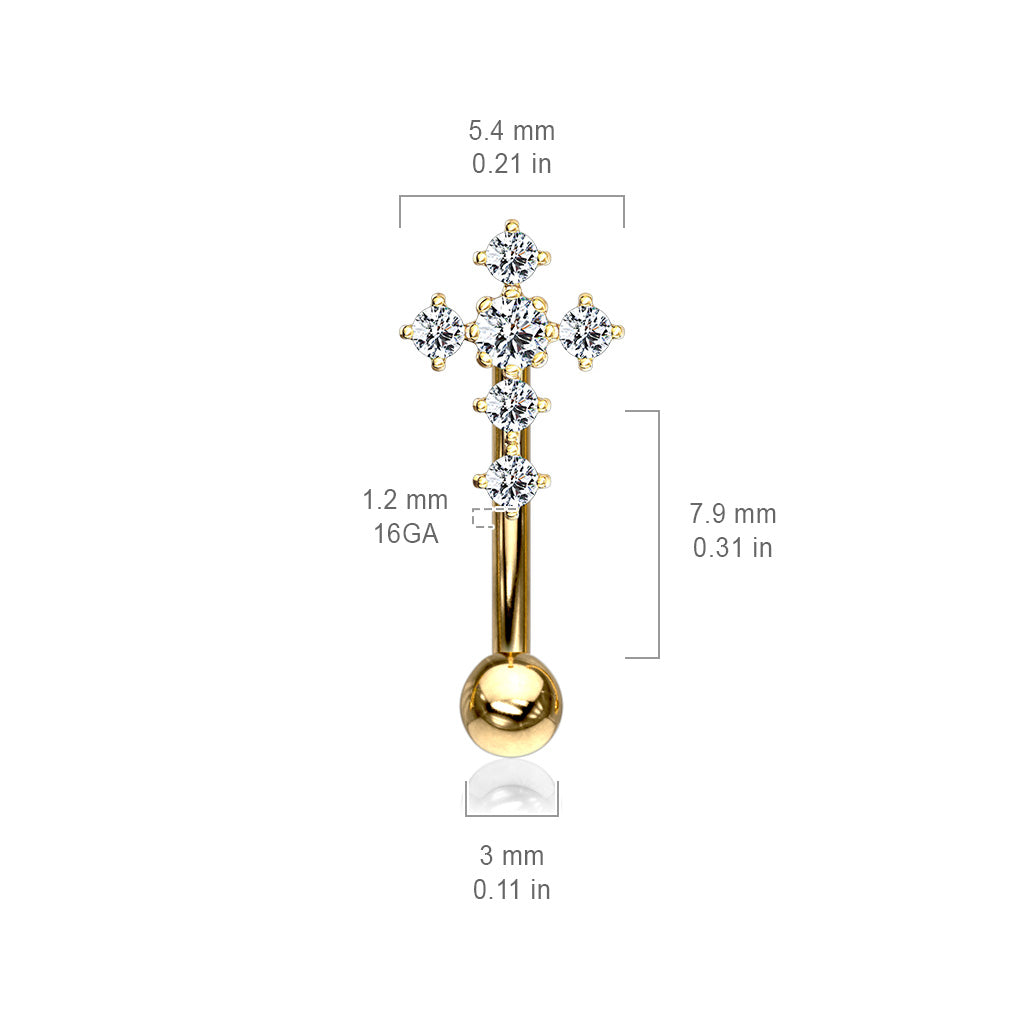 16 Gauge Silver Crystal Cross Eyebrow Barbell