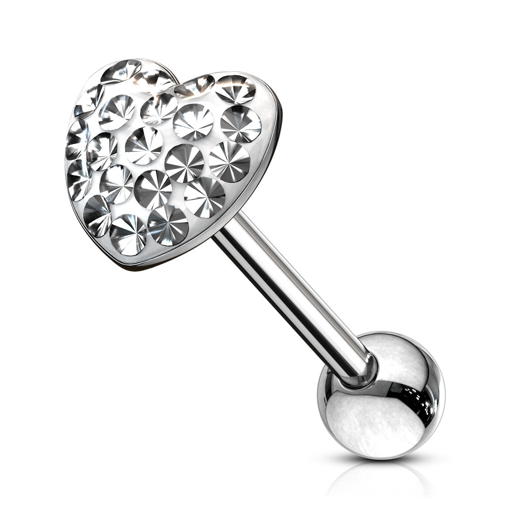 Cherry Diva Barbell Clear 14 Gauge Crystal Heart Surgical Steel Tongue Bar