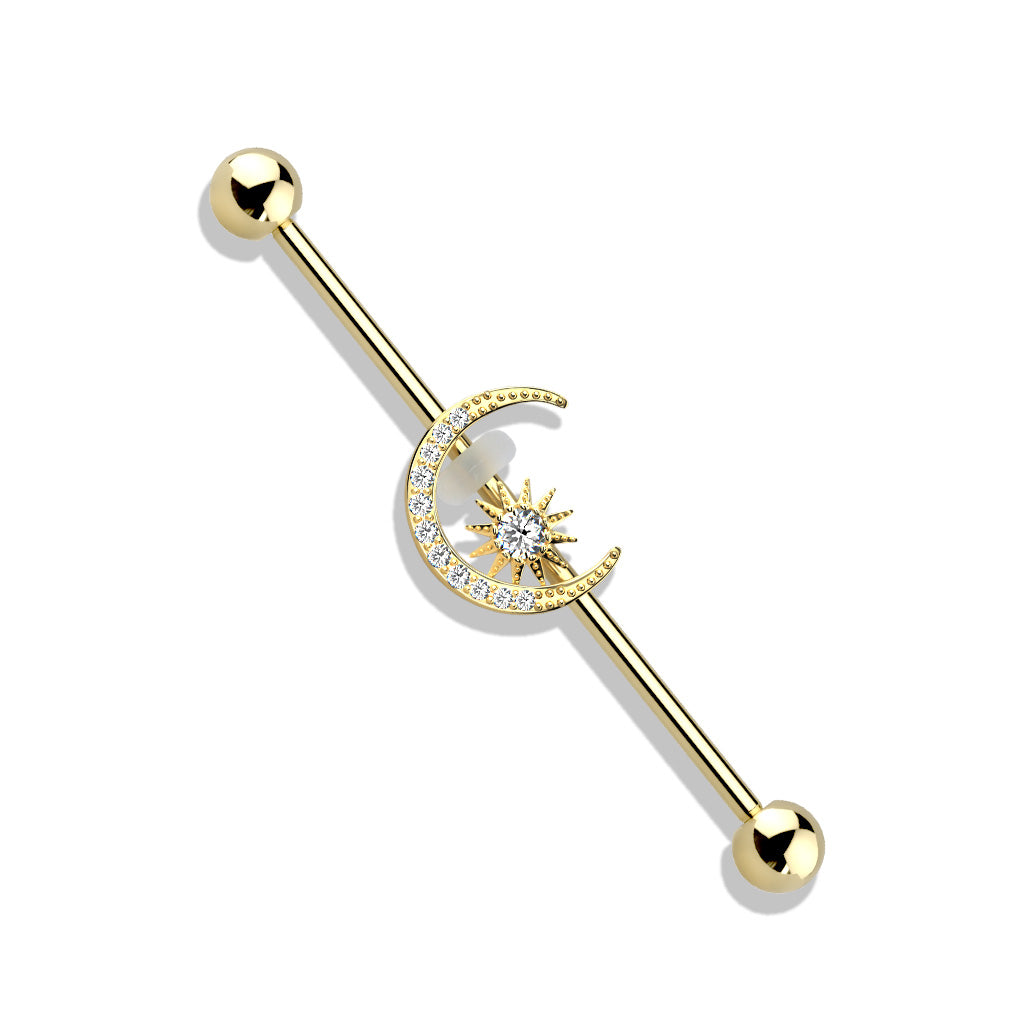 Cherry Diva Barbell Gold 14 Gauge Crystal Sun & Moon Industrial Barbell