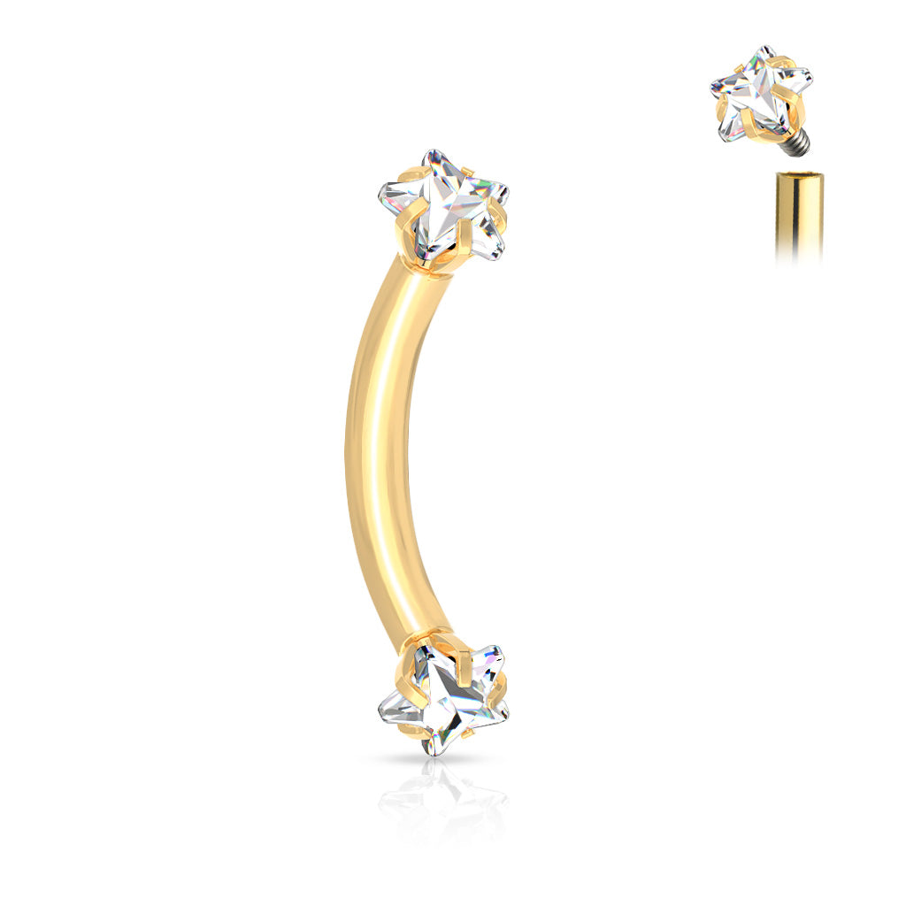 Cherry Diva Eyebrow Bar GOLD 16 Gauge Prong Set Double Crystal Star Eyebrow Barbell