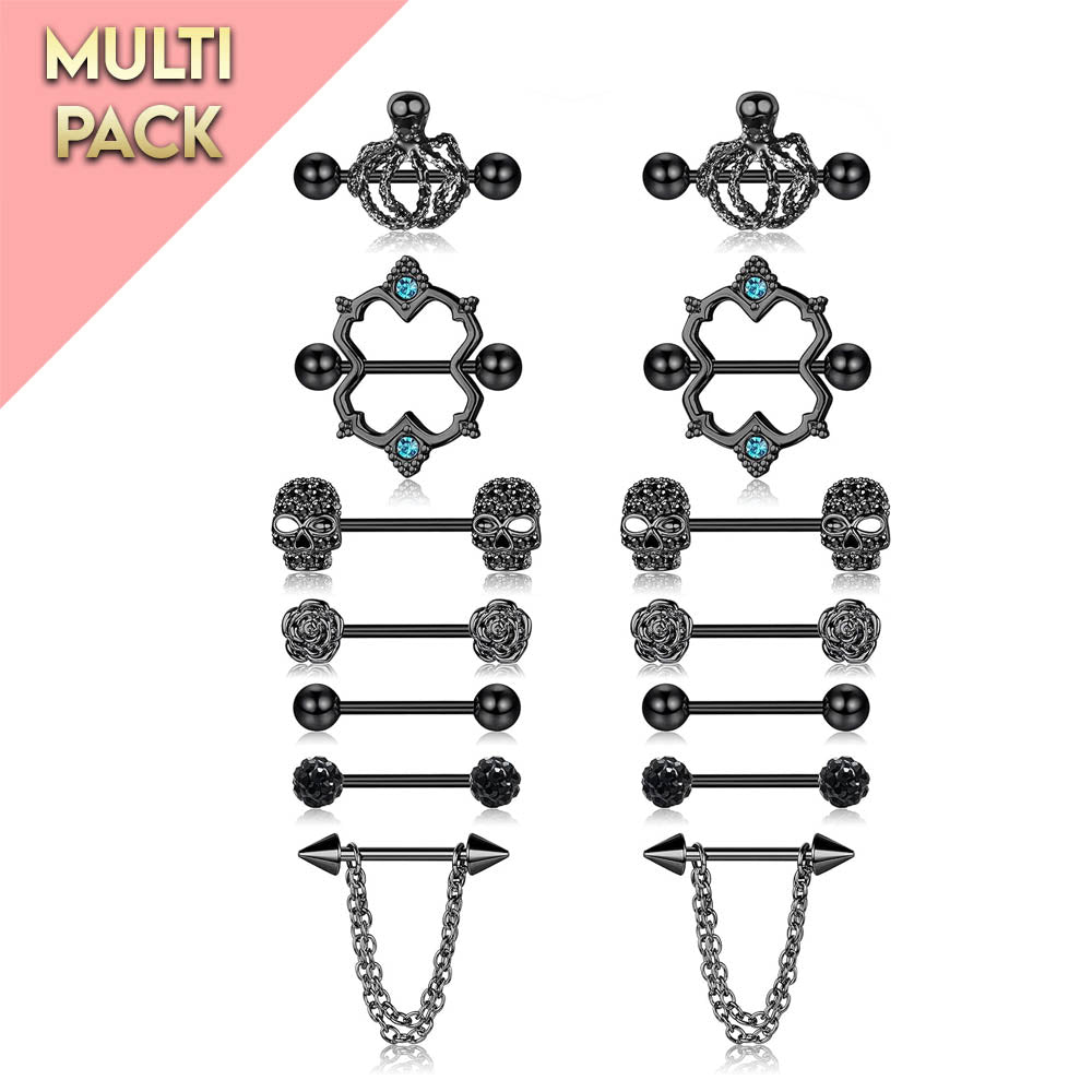Cherry Diva Barbell Multi Pack Of 14 Black Nipple Rings