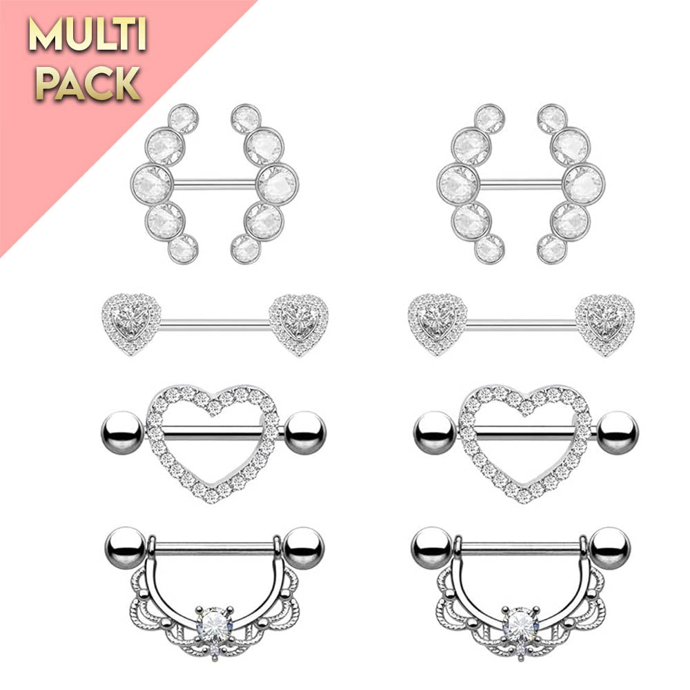 Multi Pack Of 8 Silver Crystal Nipple Bars