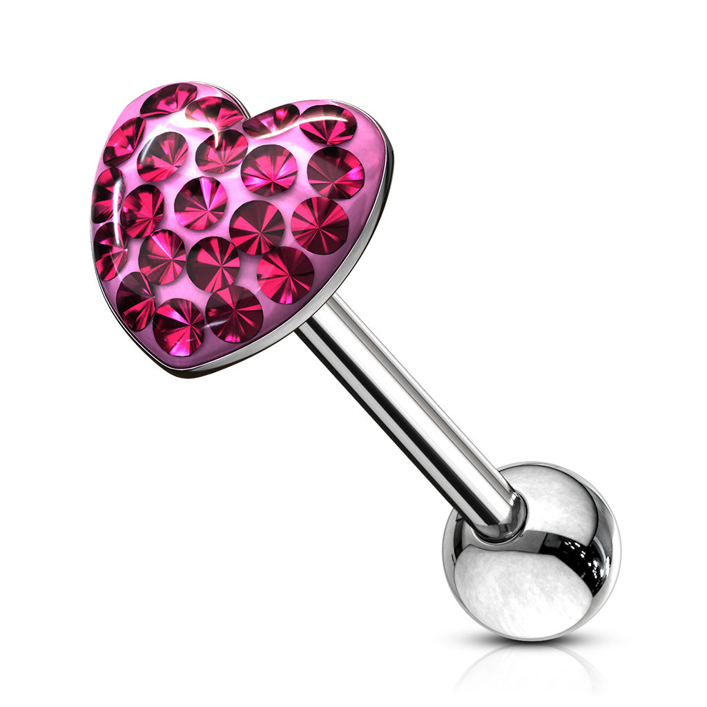 Cherry Diva Barbell Pink 14 Gauge Crystal Heart Surgical Steel Tongue Bar
