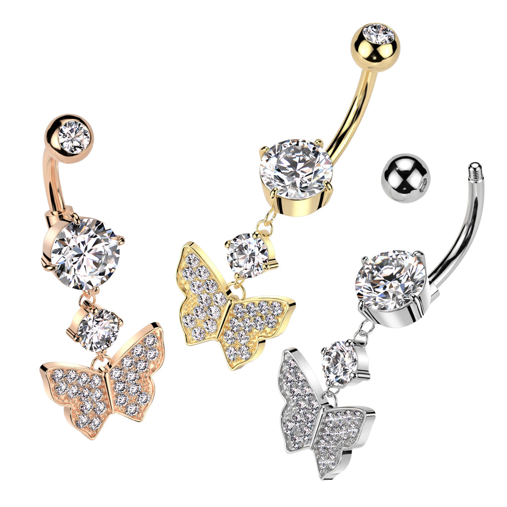 Cherry Diva Belly Bar 14 Gauge Crystal Butterfly Belly Button Bar