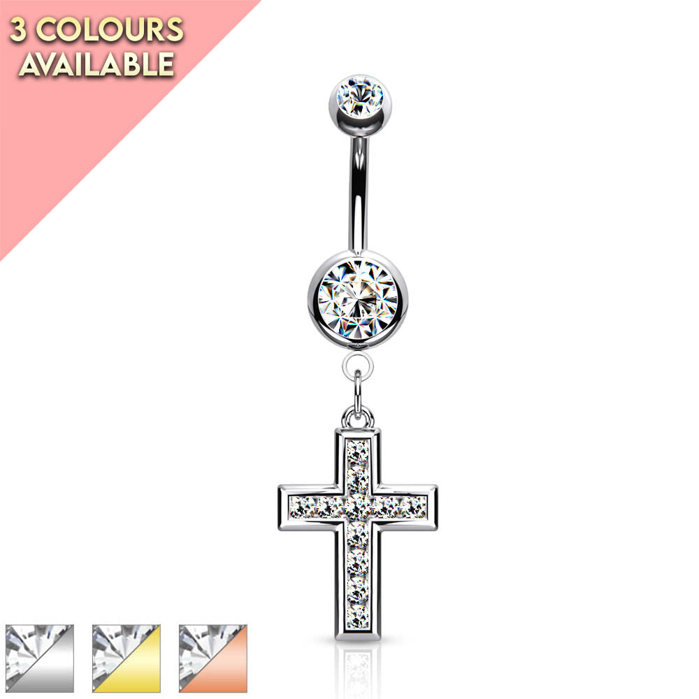 14 Gauge Crystal Cross Belly Button Bar