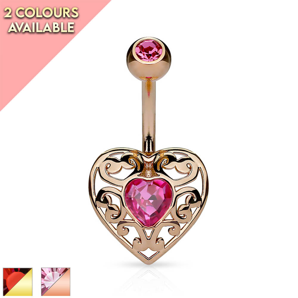 14 Gauge Crystal Filigree Heart Belly Bar Cherry Diva