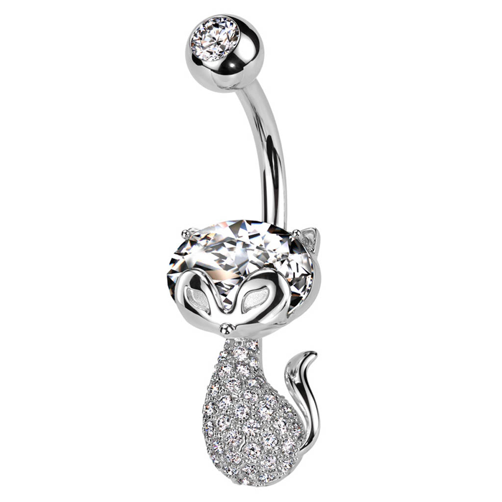 Cherry Diva belly bar 14 Gauge Crystal Kitty Cat Belly Button Bar - Silver