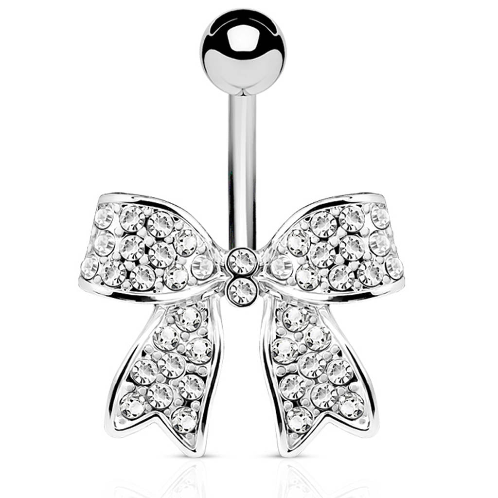 Cherry Diva Belly Bar 14 Gauge Crystal Paved Bow Belly Button Bar