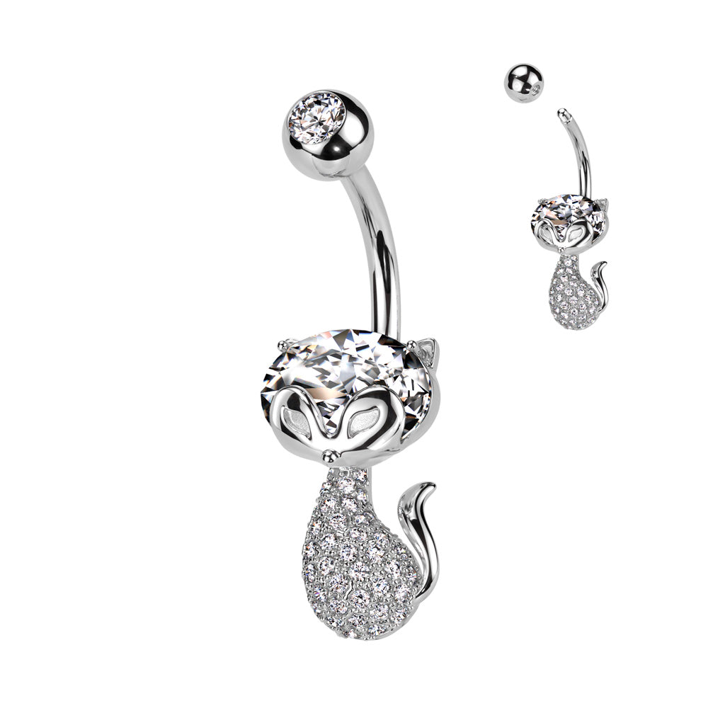 14 Gauge Crystal Paved Cat Belly Button Ring - Silver