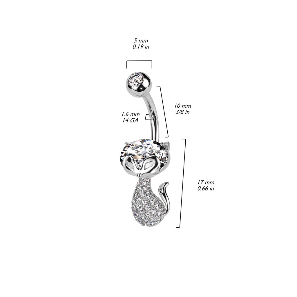 14 Gauge Crystal Paved Cat Belly Button Ring - Silver