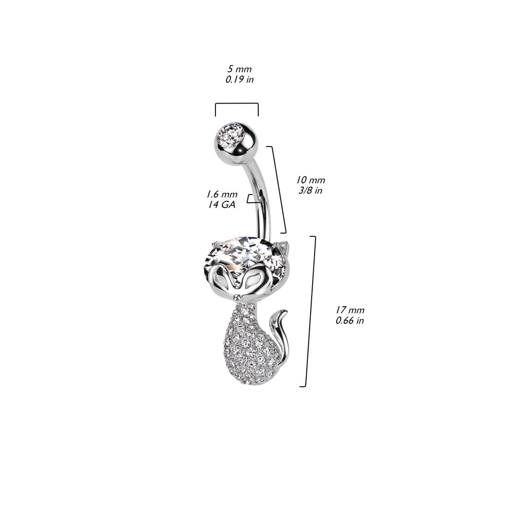 Cherry Diva belly bar 14 Gauge Crystal Paved Cat Belly Button Bar - Silver