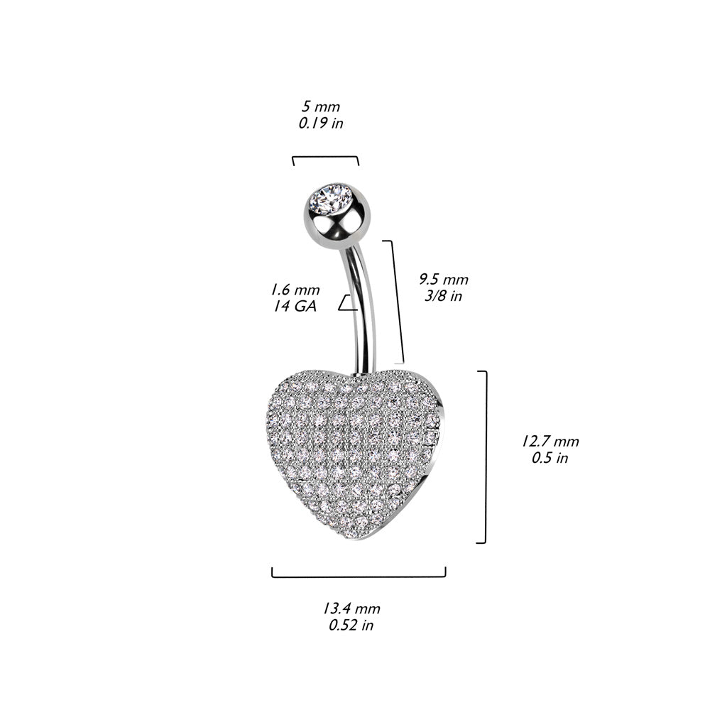 14 Gauge Crystal Paved Heart Belly Button Ring - Silver