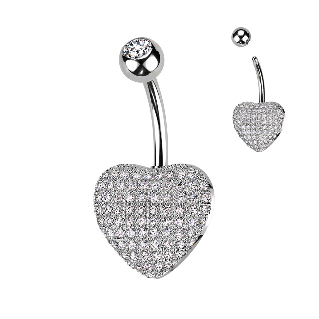 14 Gauge Crystal Paved Heart Belly Button Ring - Silver