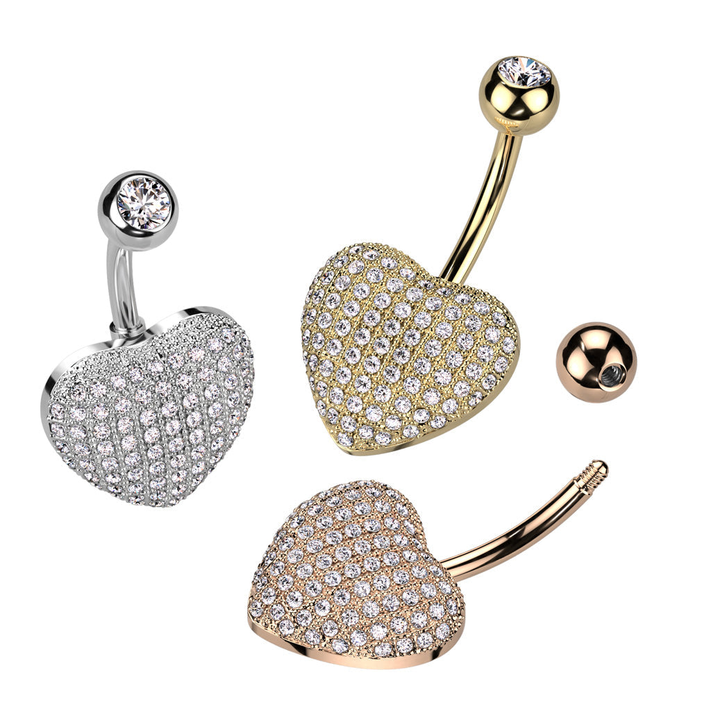 14 Gauge Crystal Paved Heart Belly Button Ring - Silver