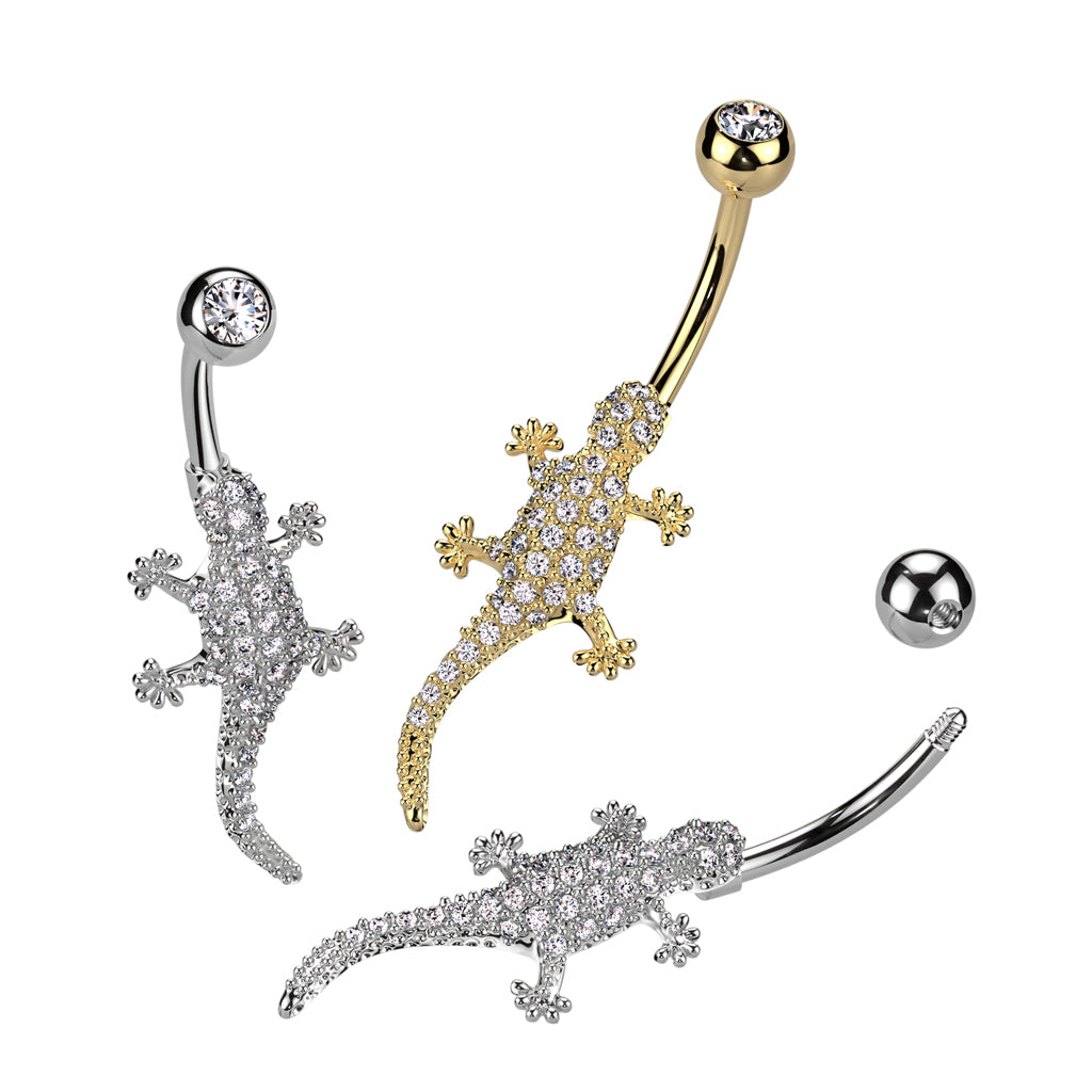 Cherry Diva belly bar 14 Gauge Crystal Paved Lizard Belly Button Ring - Silver
