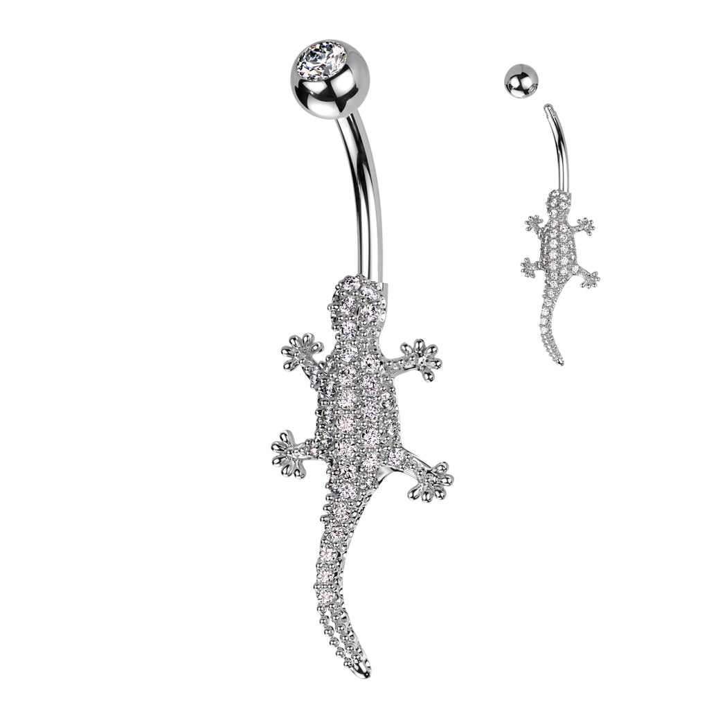 Cherry Diva belly bar 14 Gauge Crystal Paved Lizard Belly Button Ring - Silver