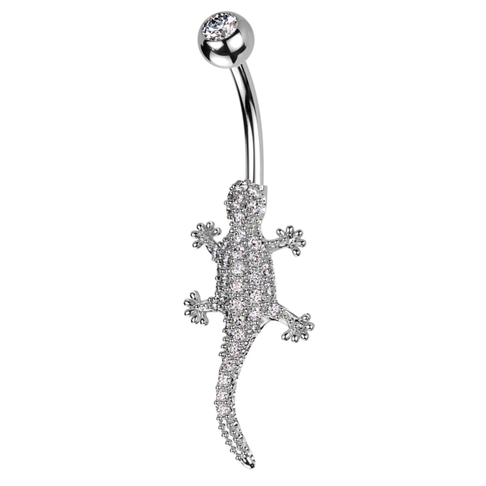 Cherry Diva belly bar 14 Gauge Crystal Paved Lizard Belly Button Ring - Silver