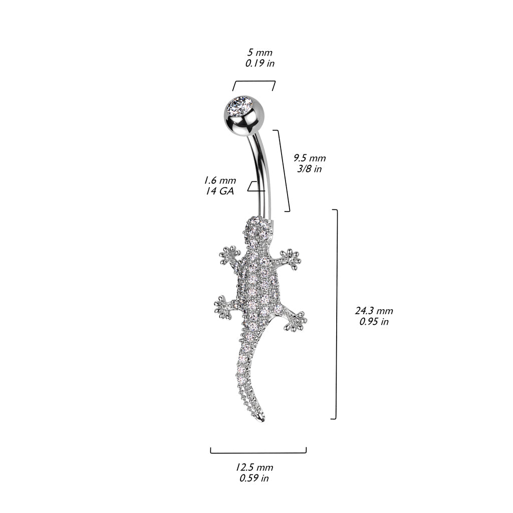 Cherry Diva belly bar 14 Gauge Crystal Paved Lizard Belly Button Ring - Silver