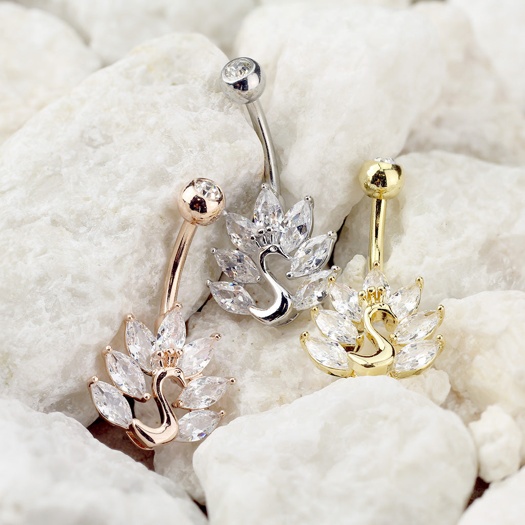 14 Gauge Crystal Peacock Belly Button Ring - Silver