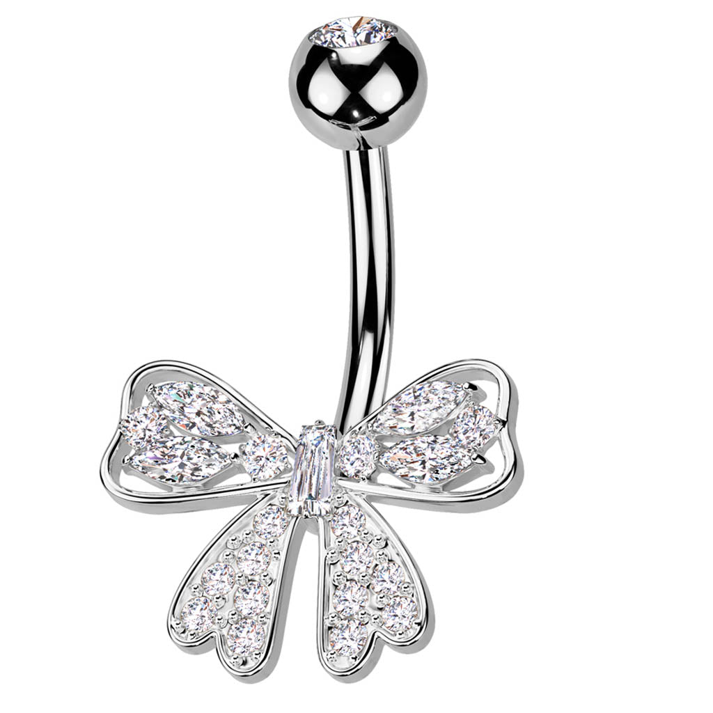 Cherry Diva Belly Bar 14 Gauge Crystal Ribbon Belly Button Bar
