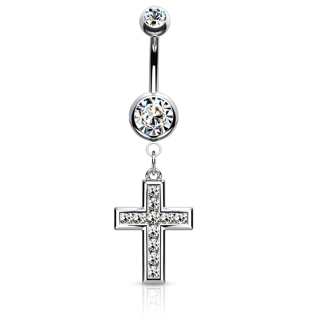 Cherry Diva Belly Bar 14 Gauge Dangling Crystal Cross Belly Button Bar