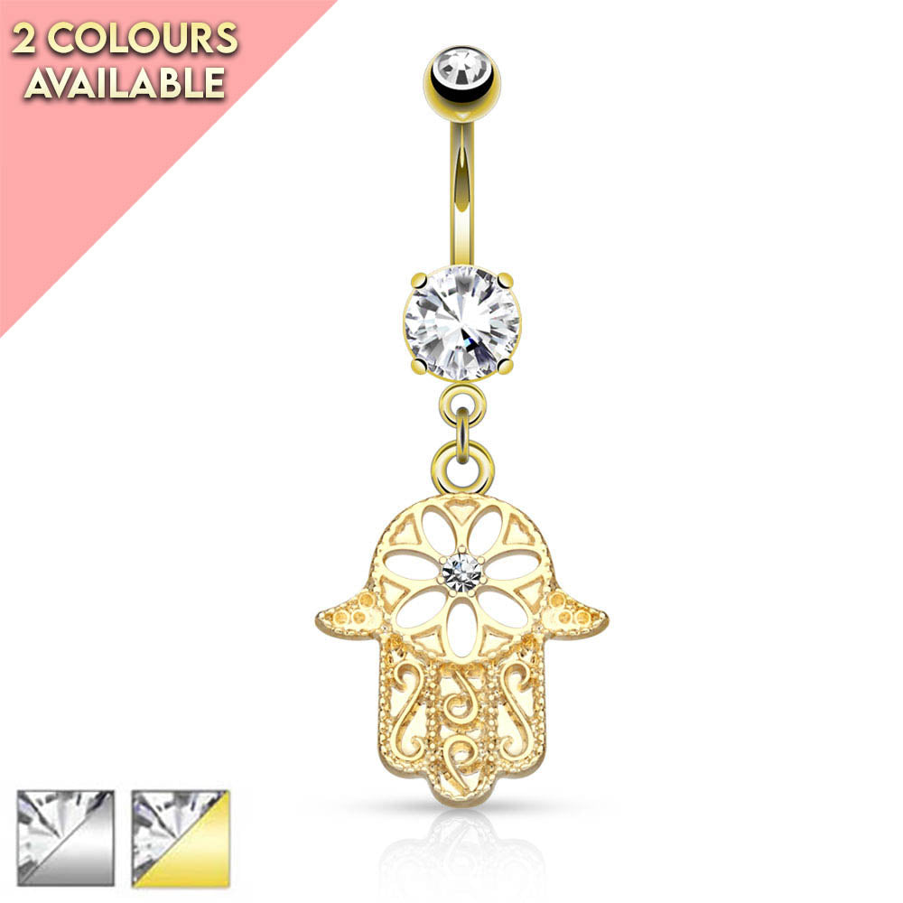Cherry Diva belly bar 14 Gauge Dangling Crystal Hamsa Hand Belly Bar