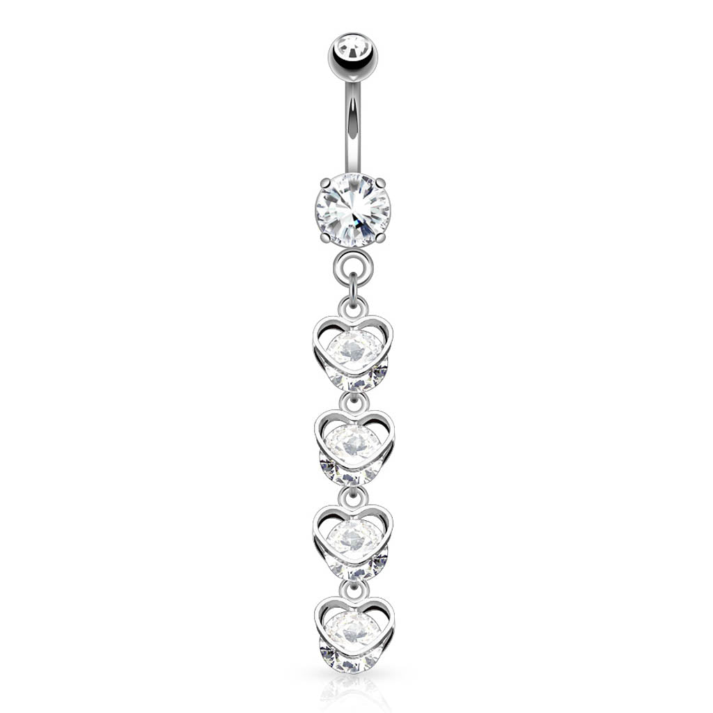 Cherry Diva belly bar 14 Gauge Dangling Crystal Hearts Belly Bar