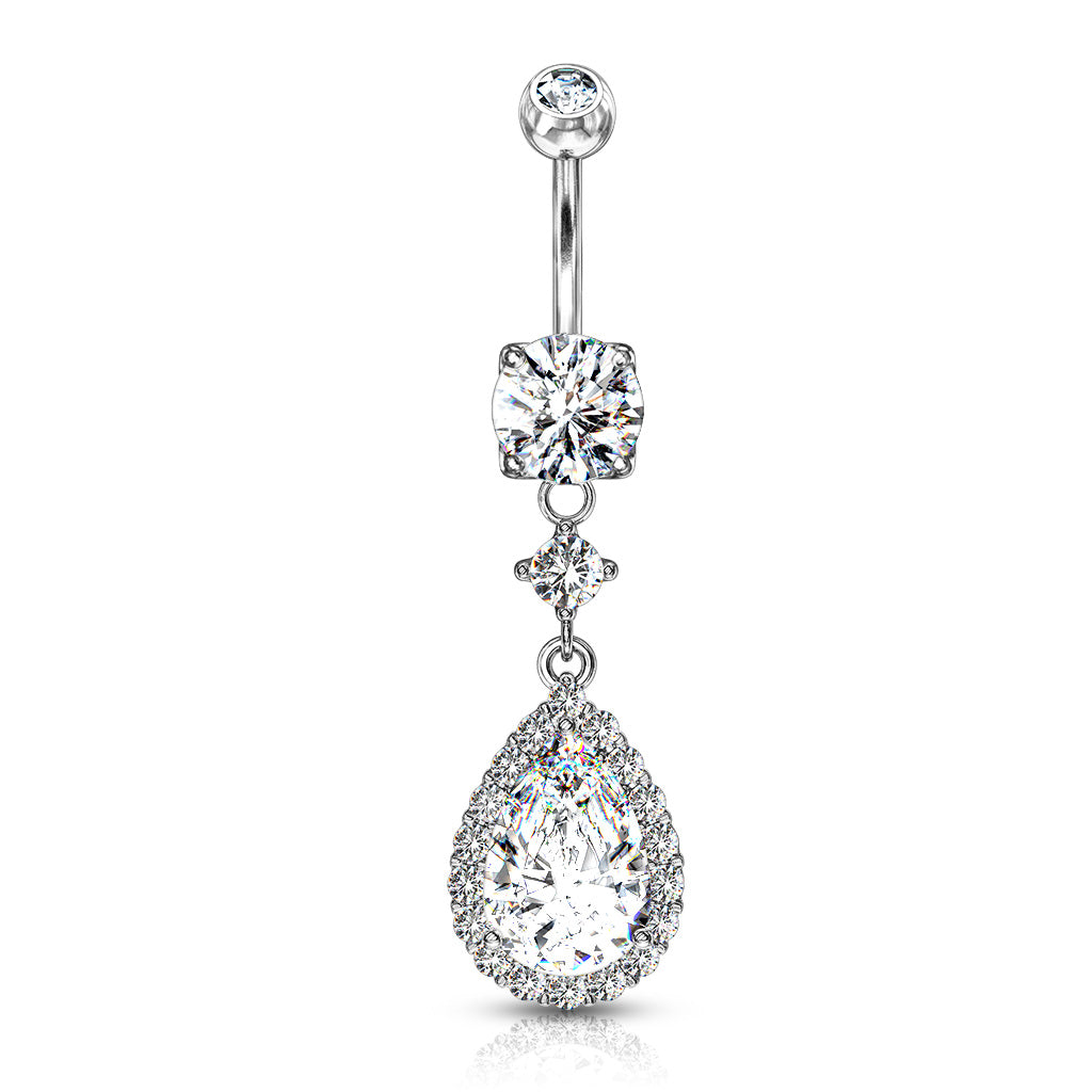Cherry Diva Belly Bar 14 Gauge Dangling Crystal Teardrop Belly Button Bar