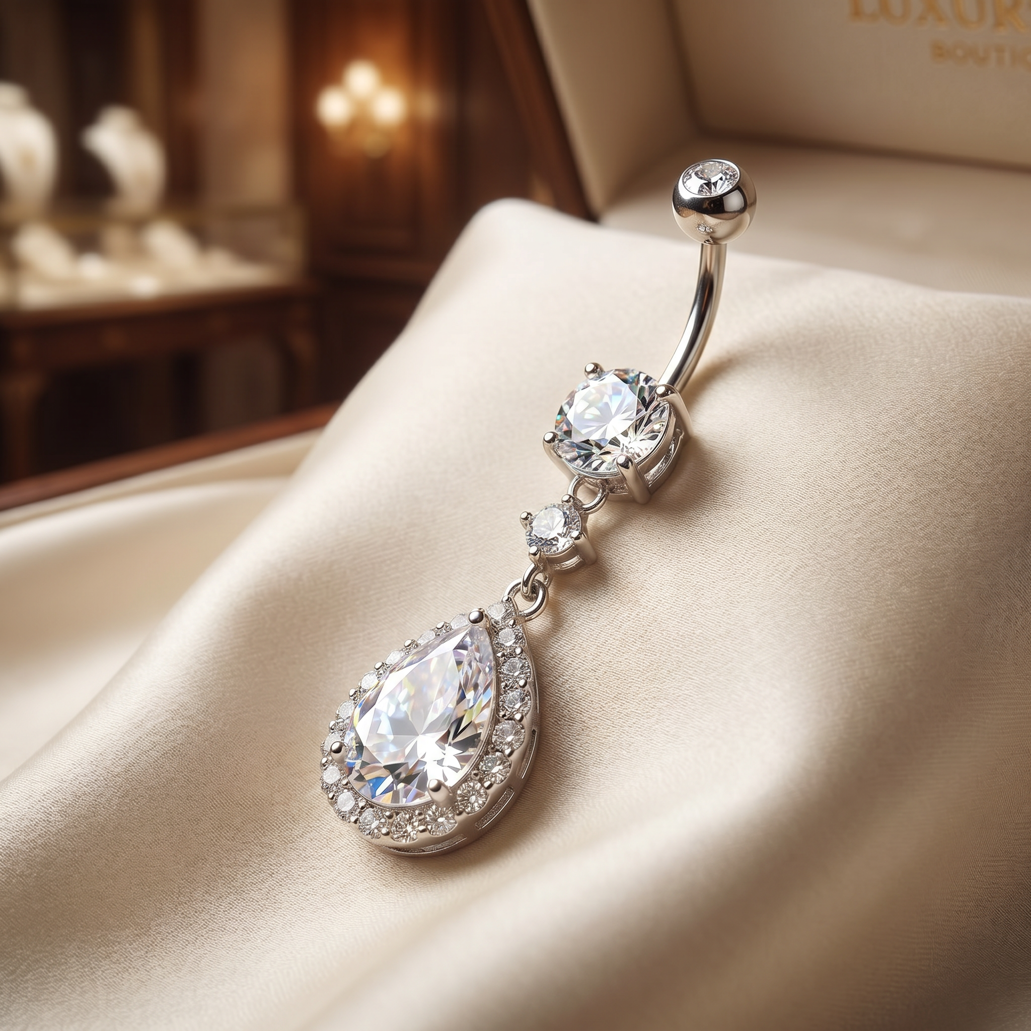Cherry Diva Belly Bar 14 Gauge Dangling Crystal Teardrop Belly Button Bar