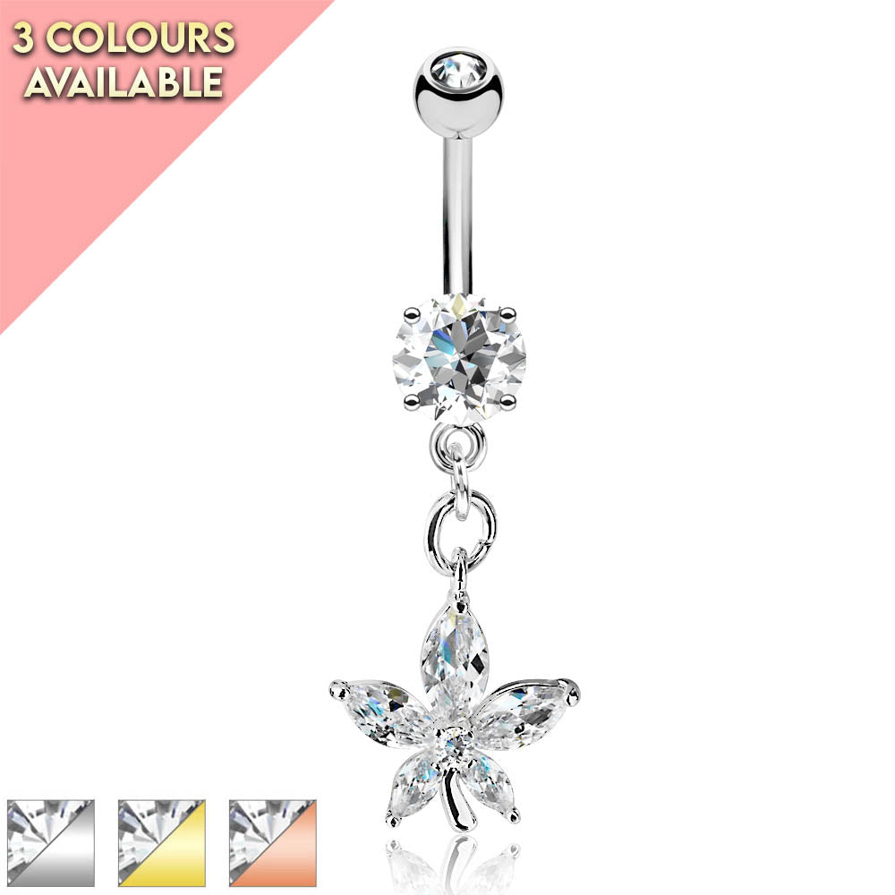 Cherry Diva belly bar 14 Gauge Dangling Five Petal Flower Belly Button Bar