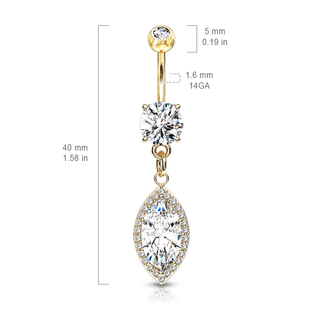 14 Gauge Dangling Ornate Crystal Belly Button Ring - Silver