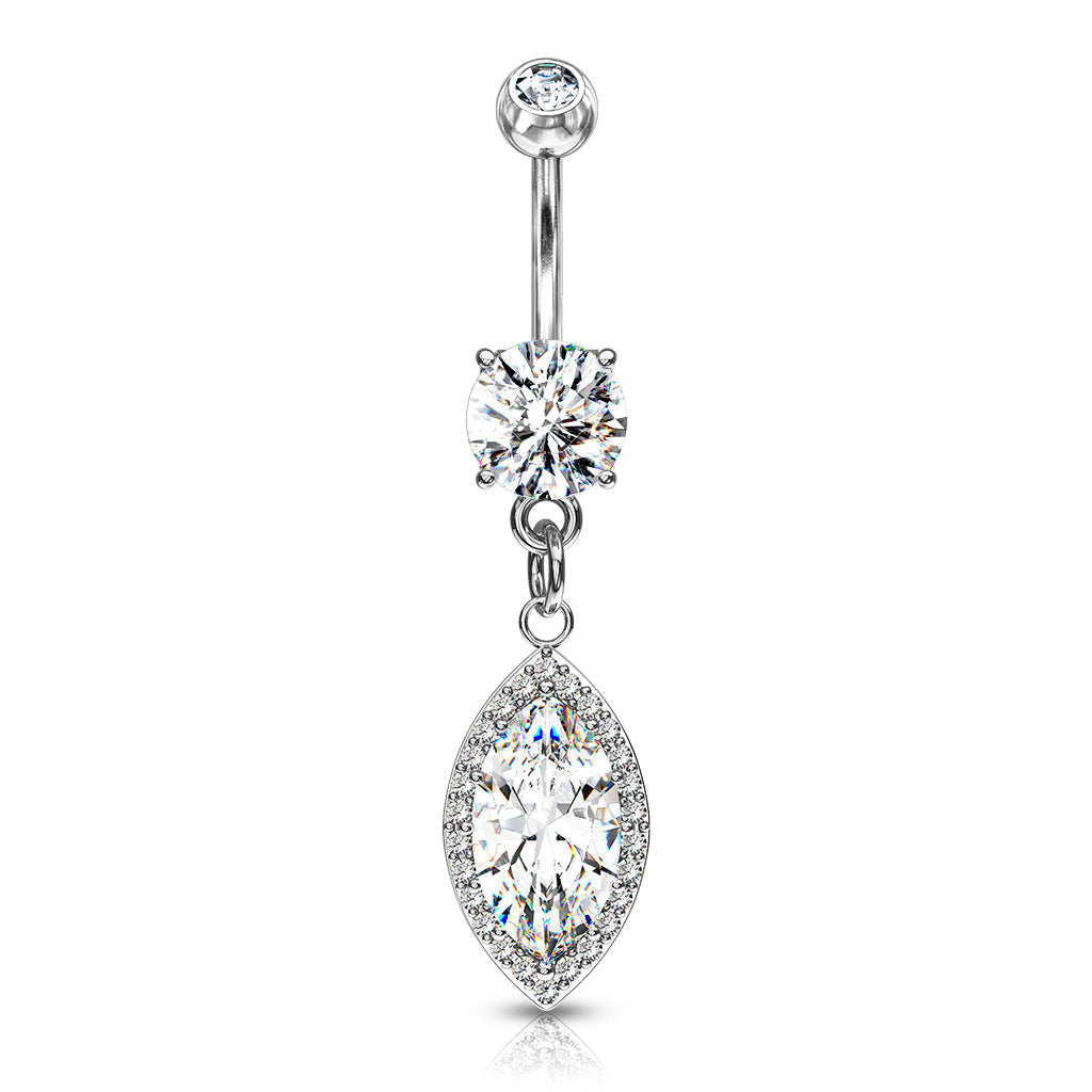 Cherry Diva belly bar 14 Gauge Silver Dangling Ornate Crystal Belly Button Bar